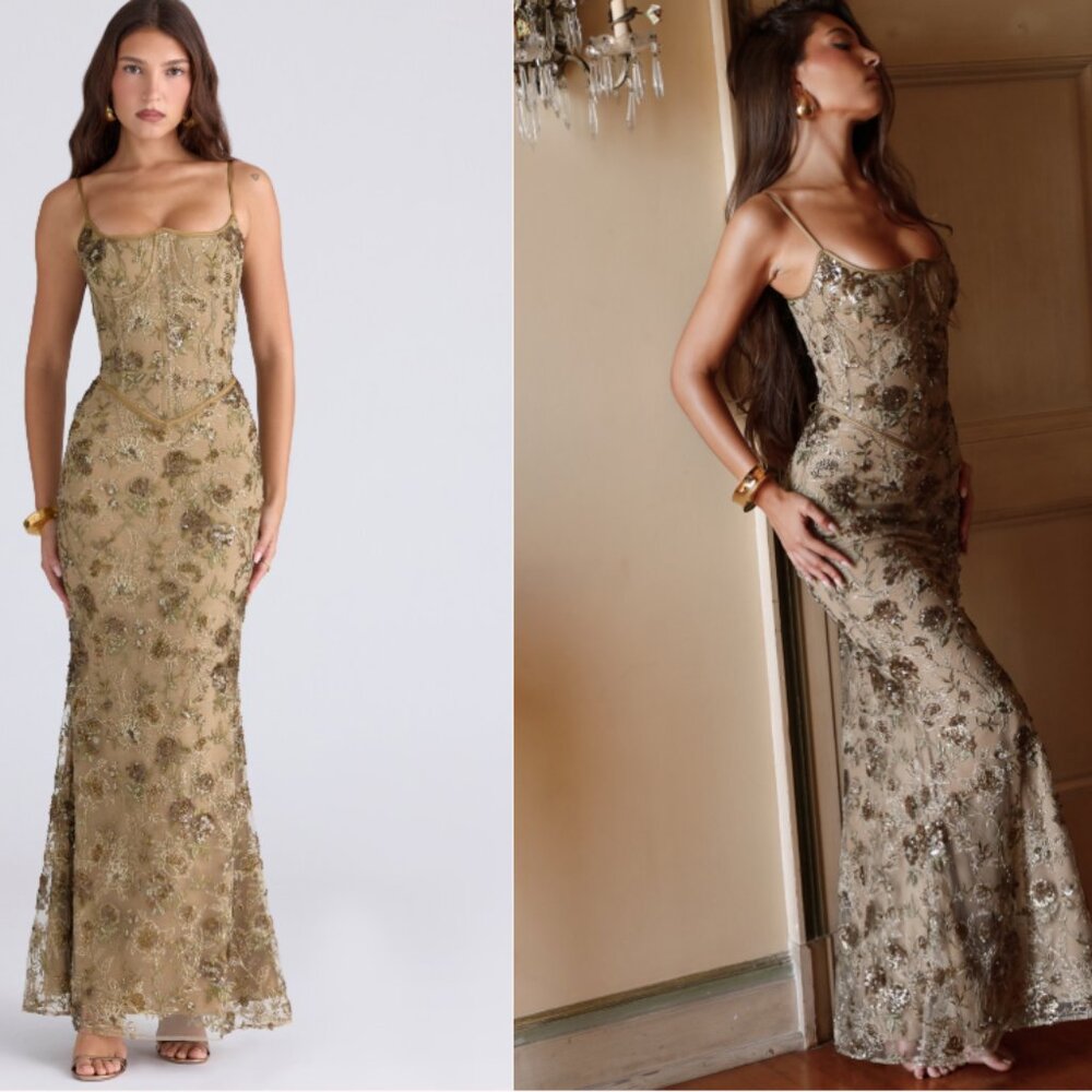 House of CB Naima Olive Bronze Hand Beaded Embellished Corset Maxi Dress NWOT - Picture 3 of 12